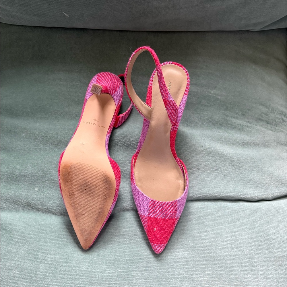 Ann Taylor Pink and Red Plaid Slingback Heels